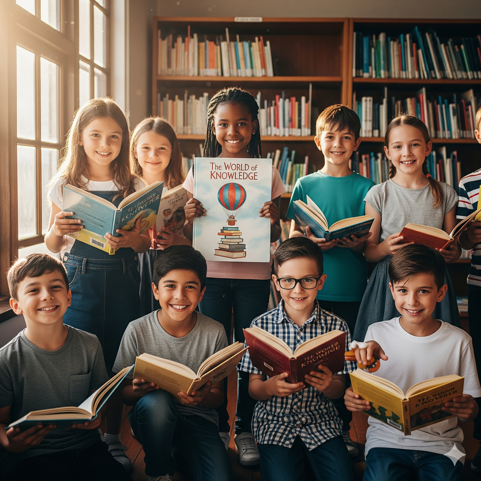 Children smiling and holding books, representing the power of education