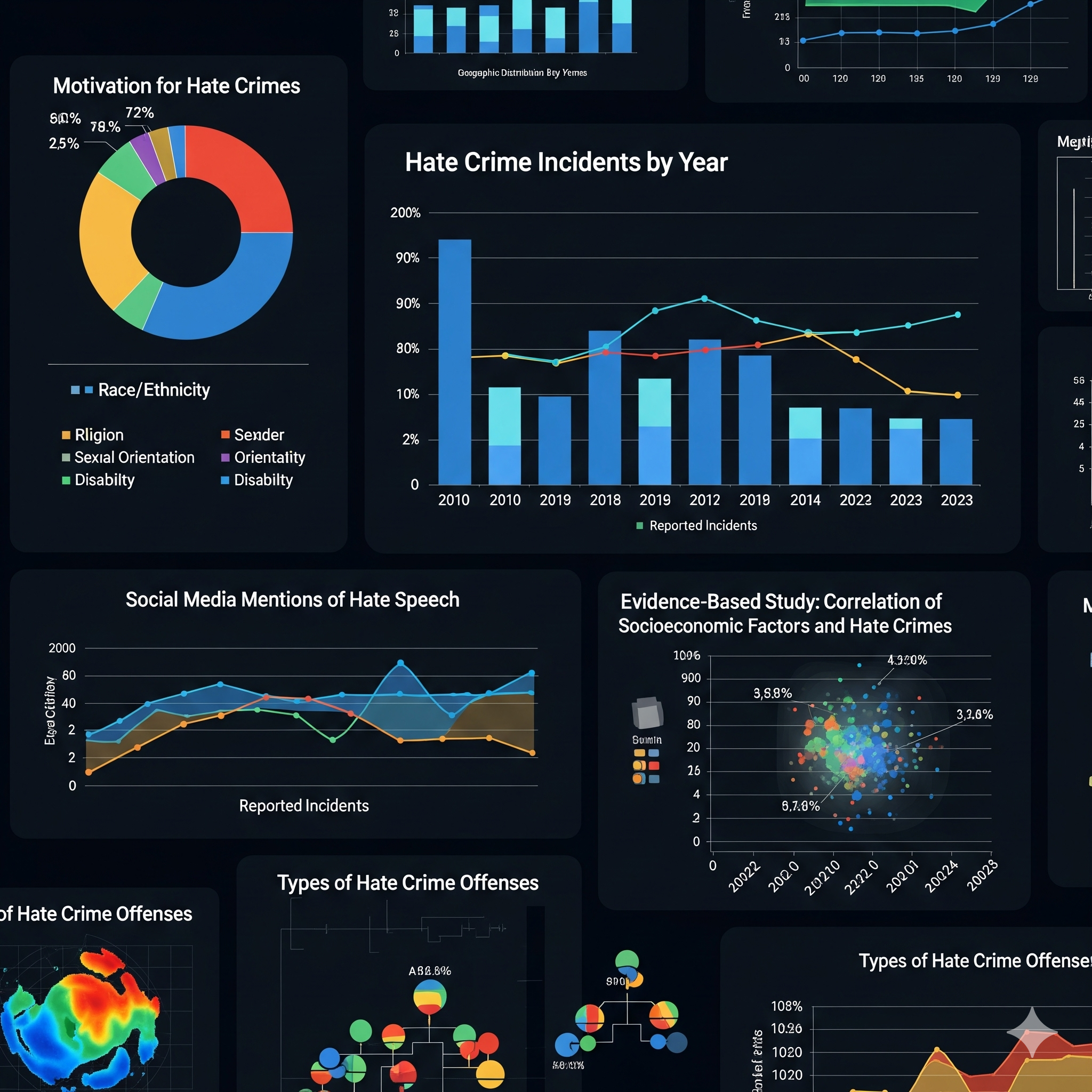 Digital graphs and charts representing hate crime analysis and evidence-based study
