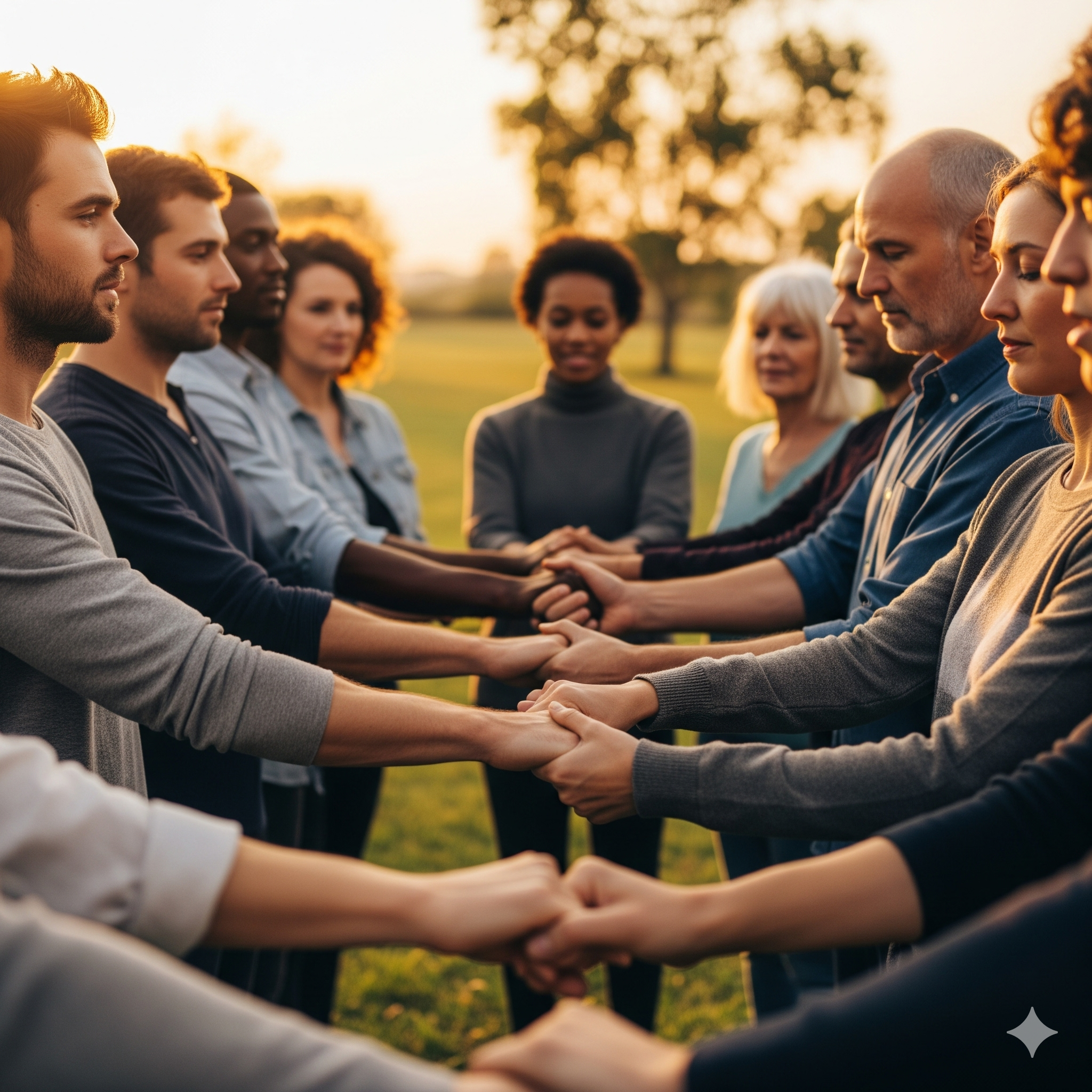 Diverse group holding hands in a circle, symbolizing reconciliation and healing
