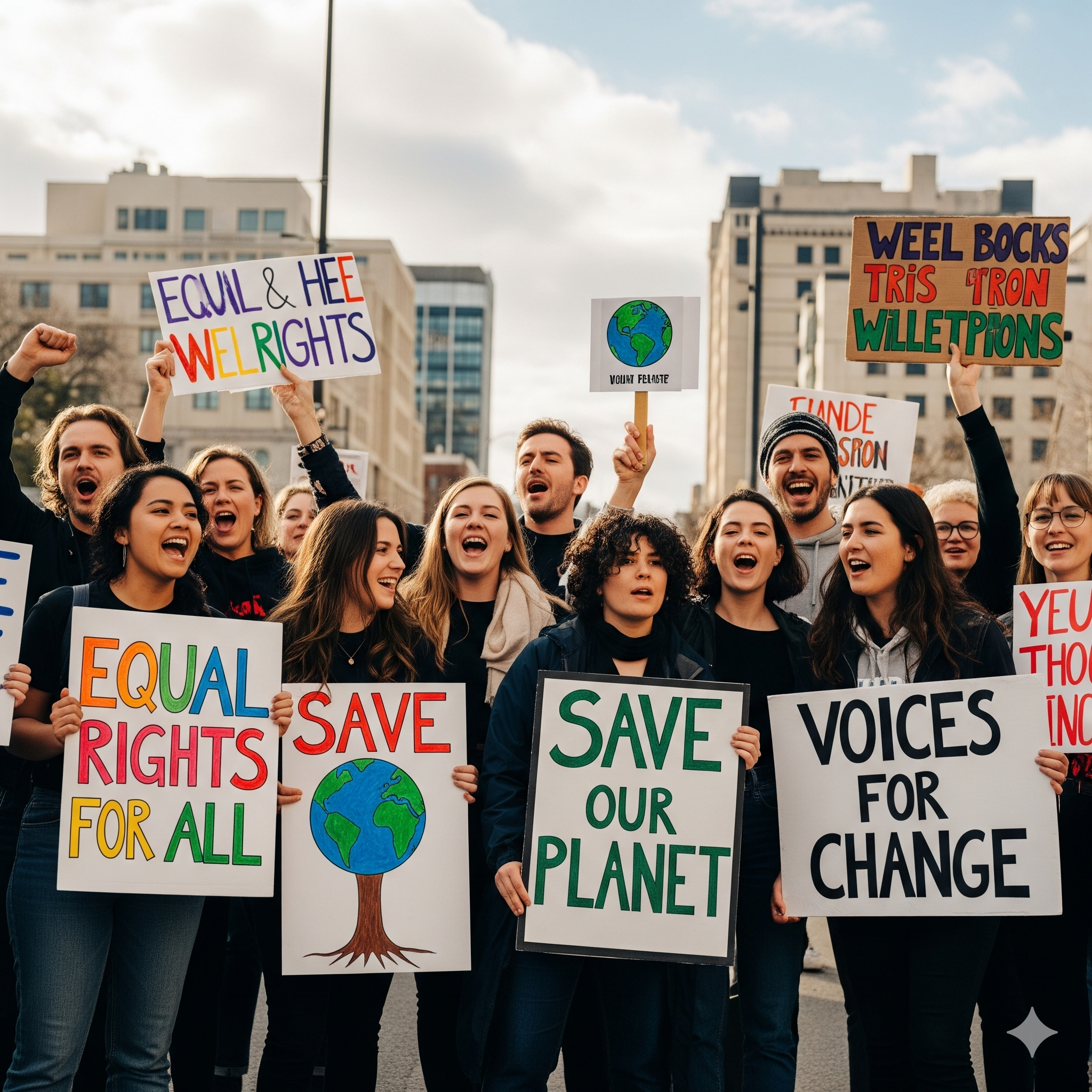Diverse group of people holding signs at a protest, symbolizing advocacy in action